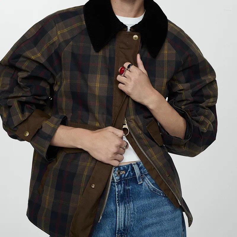 Women's Jackets Plaid Polo Neck Jacket Women Long Sleeved Splicing Corduroy Lapel Zipper Street Trends Autumn Retro Coat American Fashion