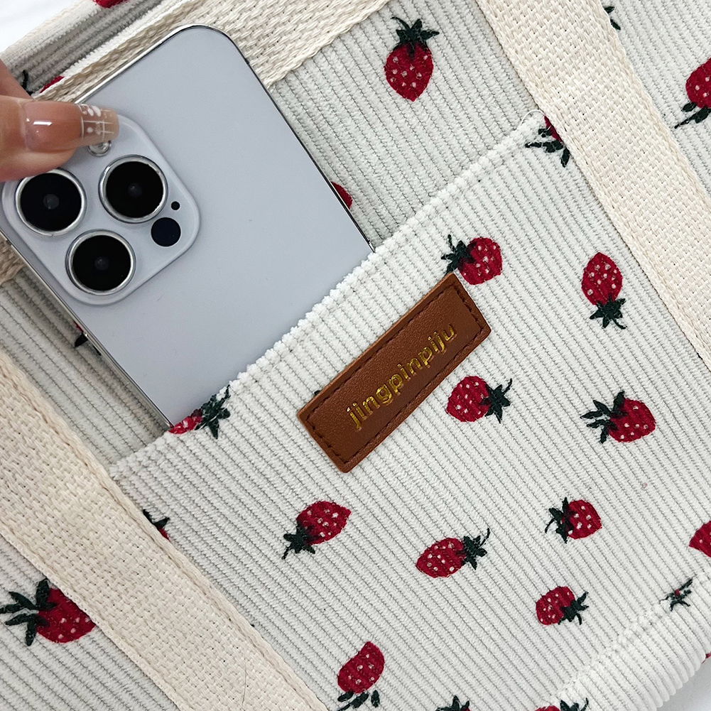Women Strawberry Printed Shoulder Bag Large Capacity Corduroy Cartoon Pattern Grocery Bag Zipper Closure Girls Outdoor Bag