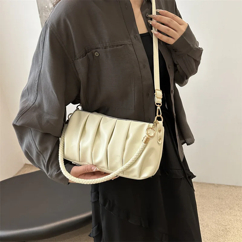 New Fashion Fold Single Armpit Pu Messenger Bag Pure Color PU Ladies Shoulder Bag Thread Large Capacity Crossbody Zipper Bag