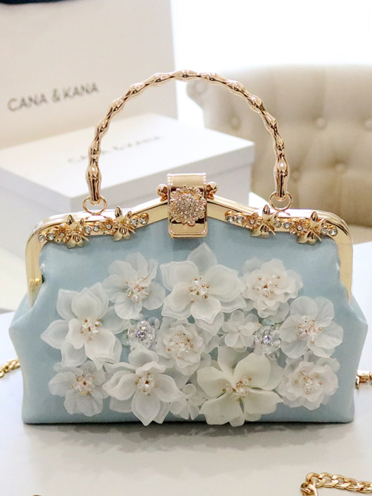 Foreign pearlescent three-dimensional jelly flower mouth gold bag autumn new trendy girl portable shoulder messenger bag