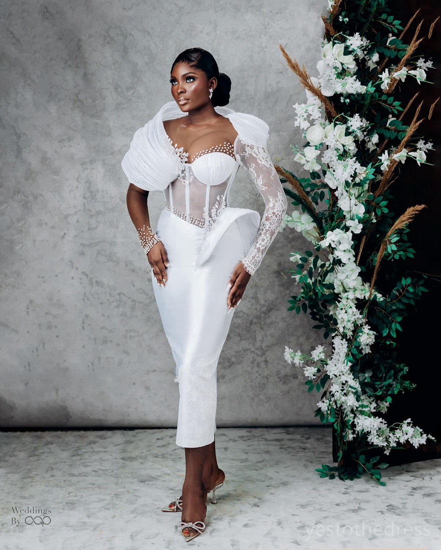 Aso Ebi Mermaid Dress Bride Short Illusion Bridal Beaded Lace Long Sleeves Wedding Gowns For African Nigeria Black Women Girls D190 407