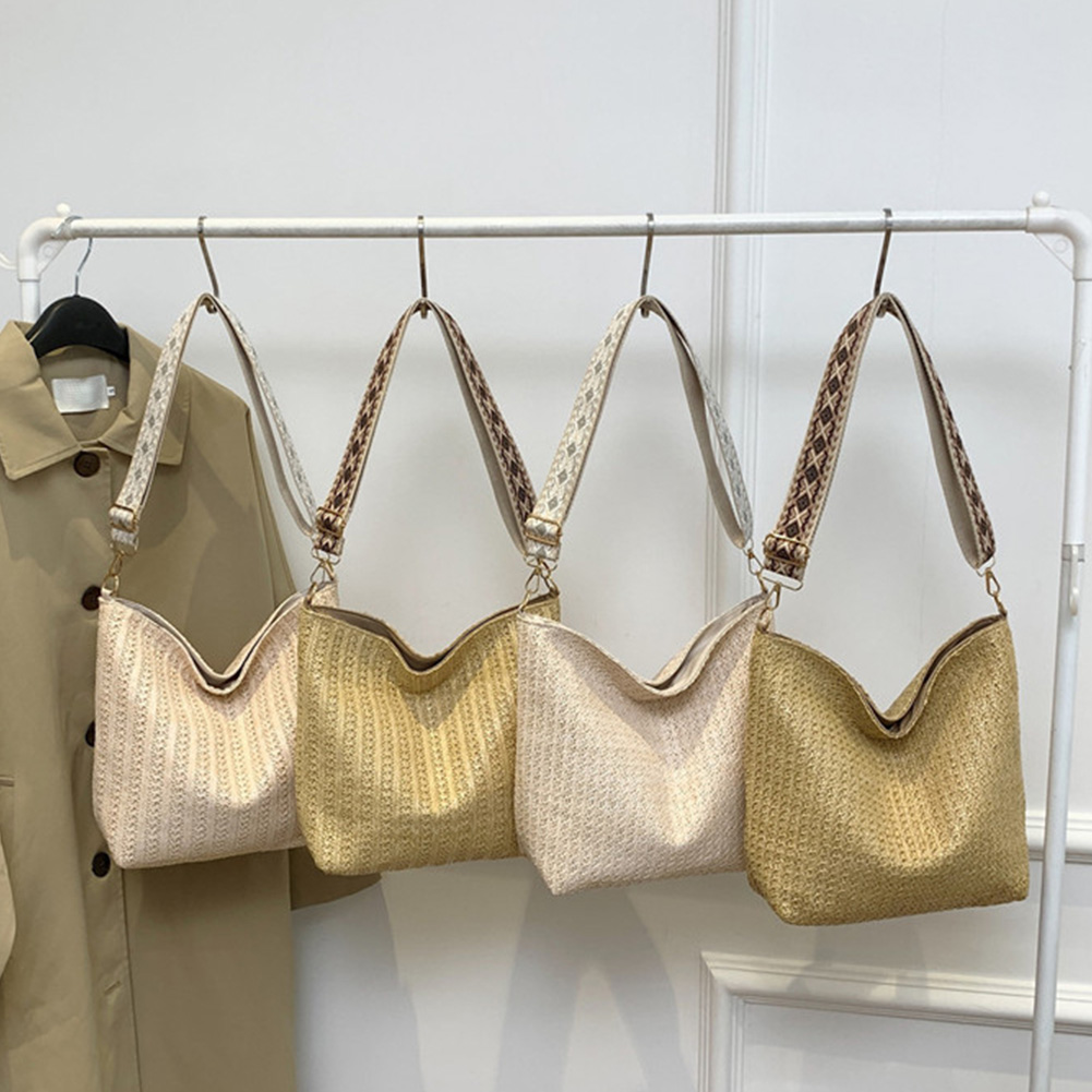 Straw Woven Shoulder Bag Adjustable Strap Women Crossbody Bag Zipper Solid Underarm Bag for Travel Vacation