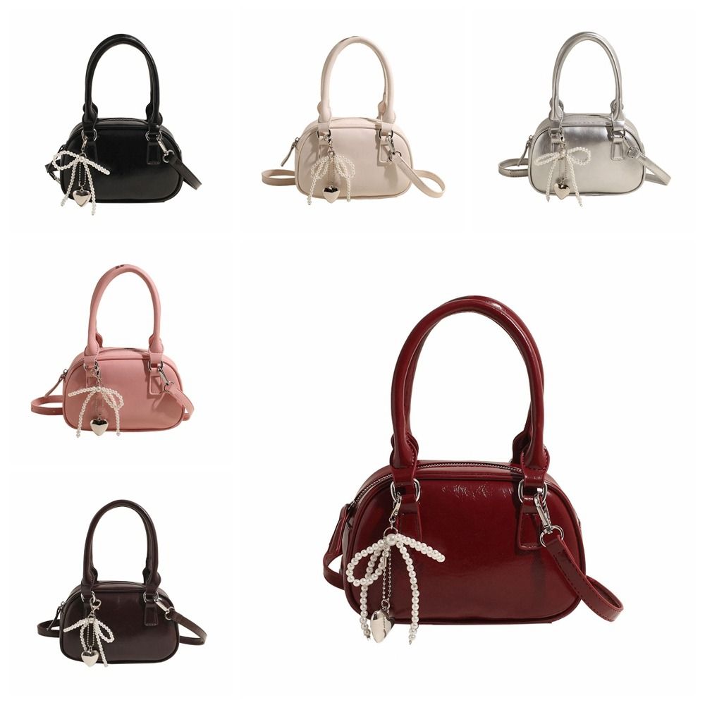 Fashion PU Leather PU Bowling Bag With Pendant Shoulder Bag Silver Handbag Large Capacity Solid Color Boston Bag Shopping