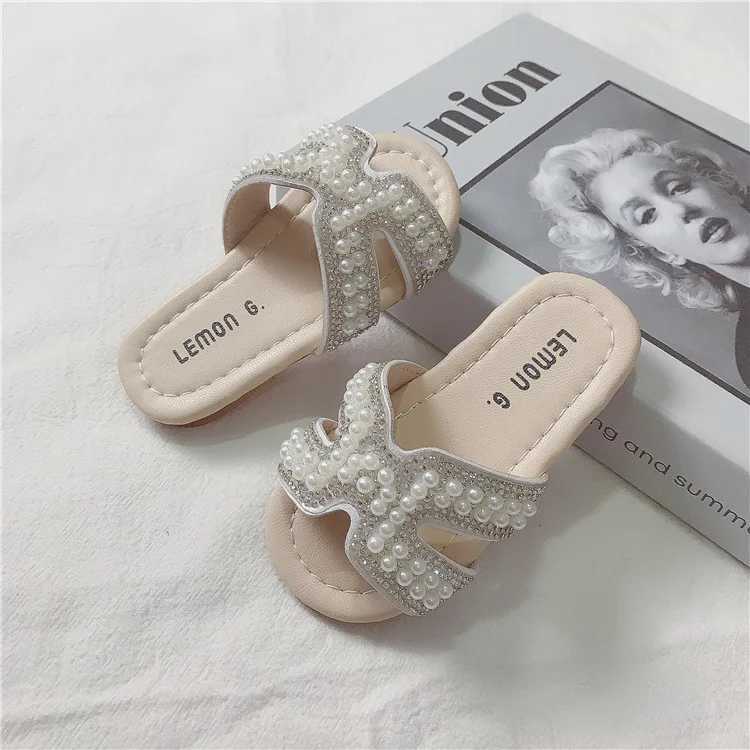Slipper Cheap Fashion Kids Girls Slippers Summer Shoes H Pearls Crystal Princess Sandals Slippers Home Outdoor Children Girl Slides 2448
