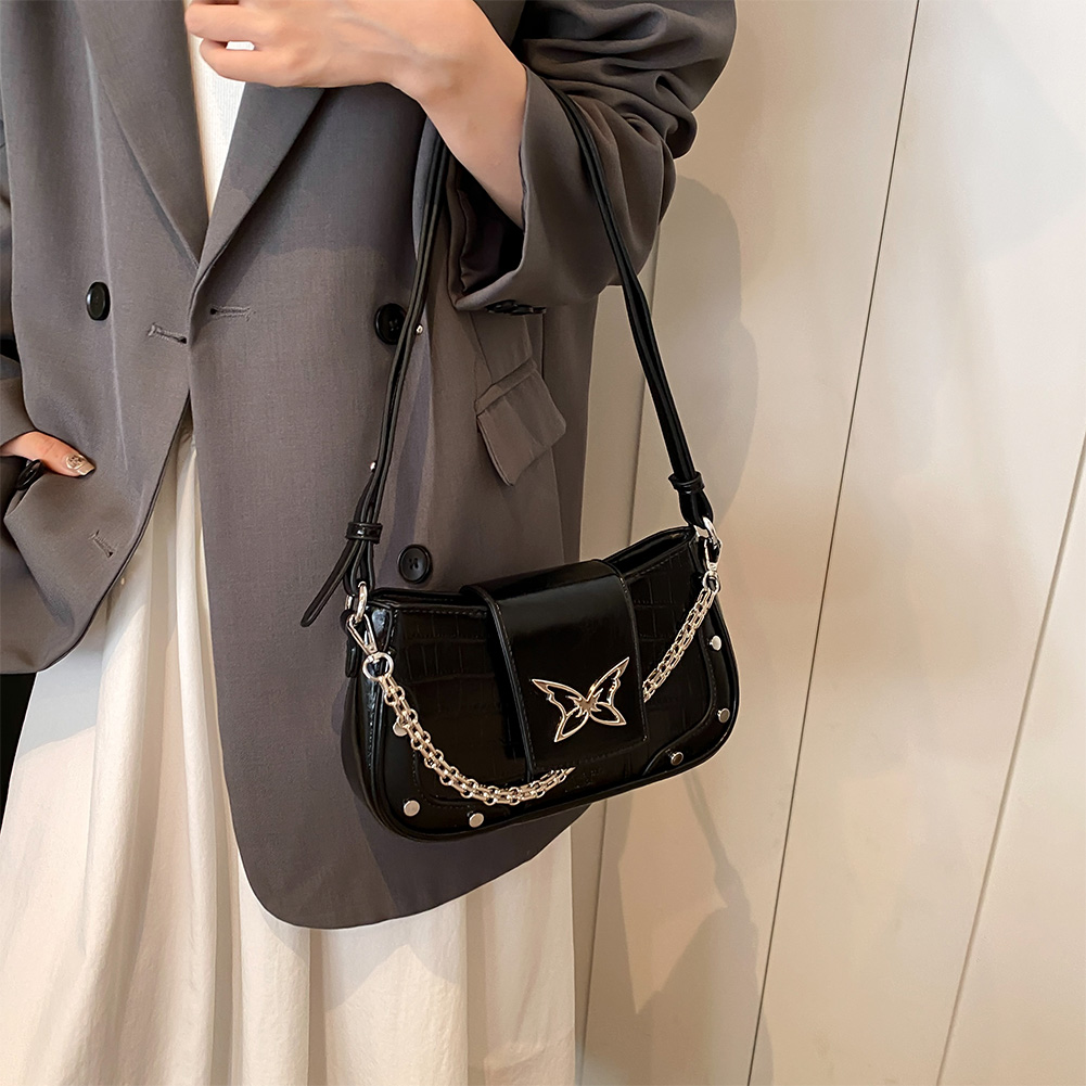 Women PU Leather Crossbody Bag Butterfly Pattern Y2k Handbag with Chain Hobo Bag Adjustable Strap Satchel Purse for Work Travel