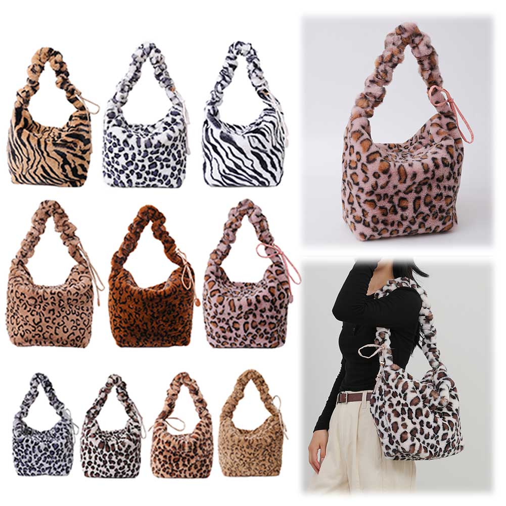 Women Plush Soft Tote Bag Drawstring Strap Leopard Print Fashion Shoulder Bag Large Capacity Chic Hobo Bag Outdoor Travel Bag