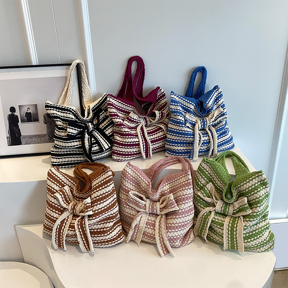 Women Crochet Tote Bag Contrast Color Aesthetic Shoulder Bag Large Capacity Knitted Tote Handbag Woven Bag for Female