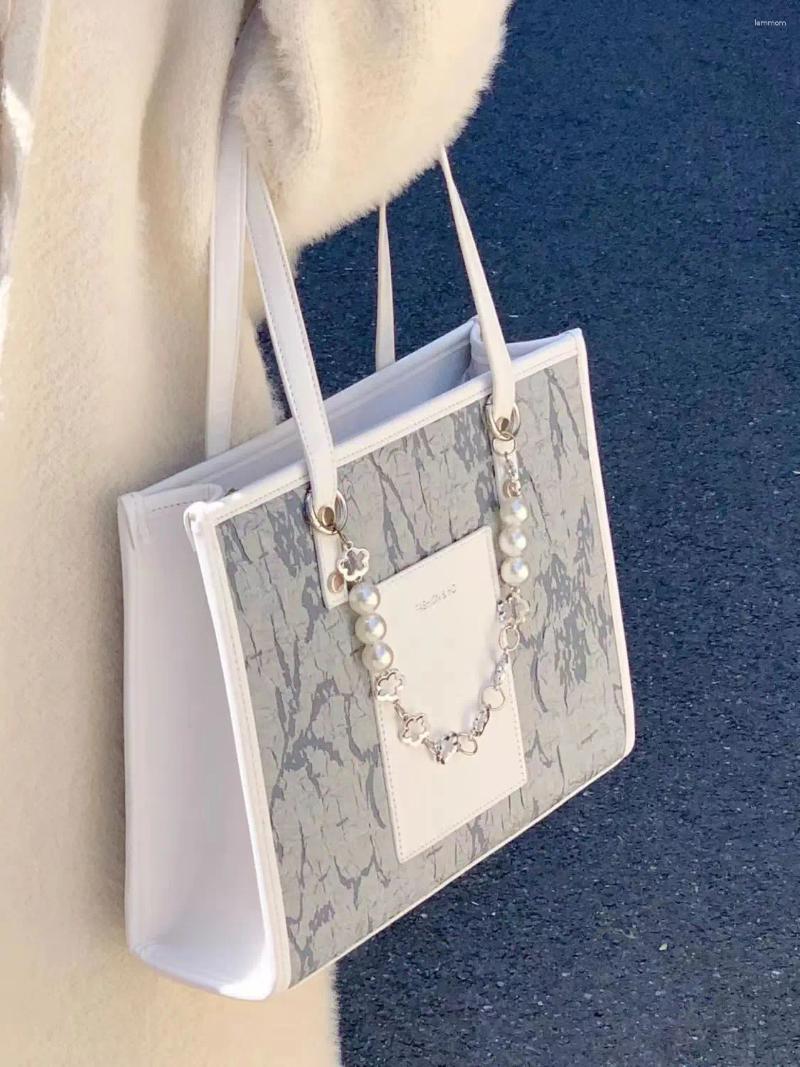 Evening Bags Fashion Design Pearl Beaded Ladies Shoulder Bag Sweet Cute Printed Women's Square Tote Shopping Pu Leather Female Handbags