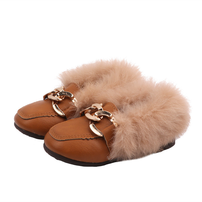 2024 autumn and winter girls fur shoes baby with velvet pea princess shoes soft soled childrens rabbit fur warm cotton shoes 241018