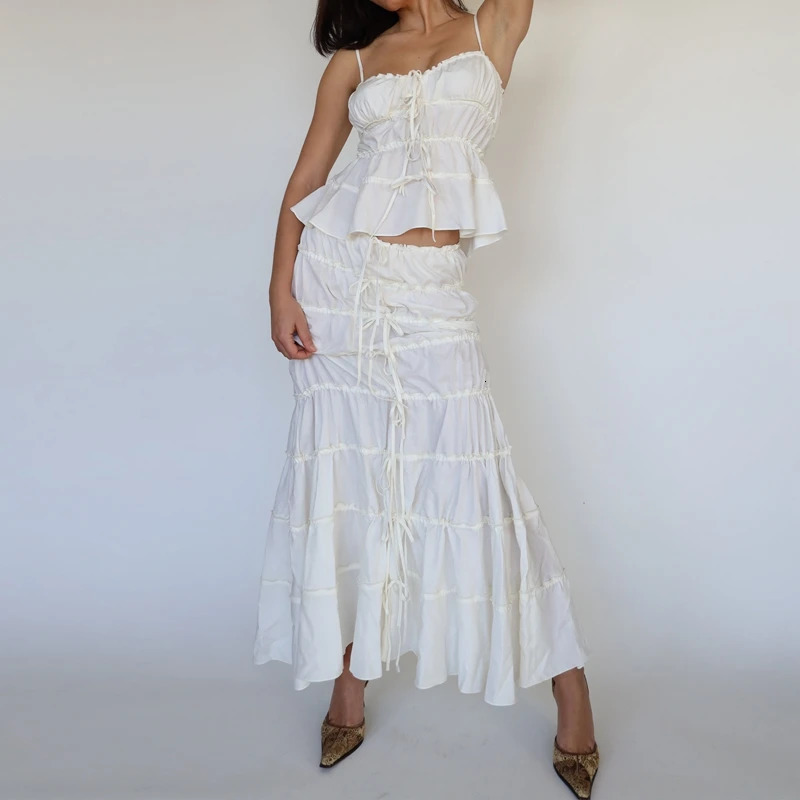 2 Piece Set Vintage Ruffles Tunnel Cami Tops High Waist Wrap Long Skirt Kawaii Bowknot Tie Up Crop Chic Women Outfits 240401