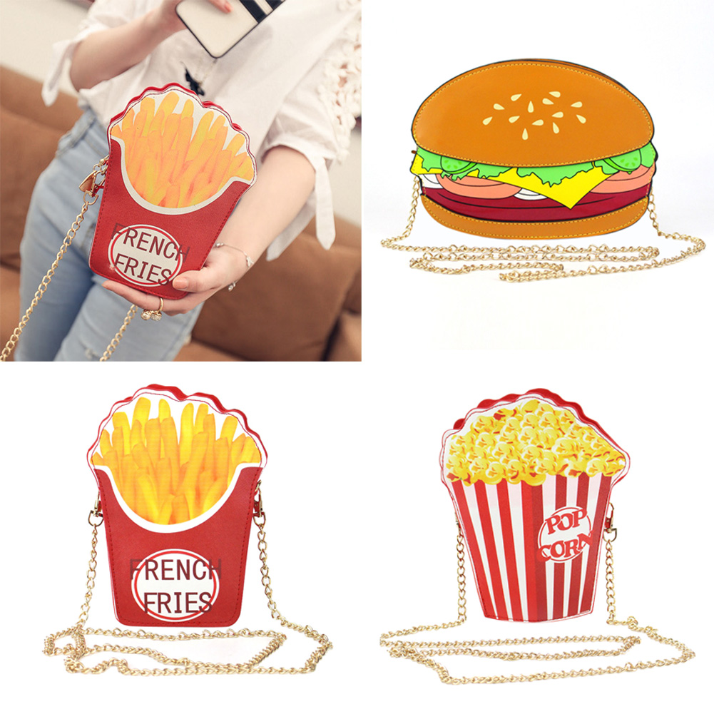 Woman Hamburger Cupcake PU Chain Bag Popcorn Fries Crossbody Messenger Bags