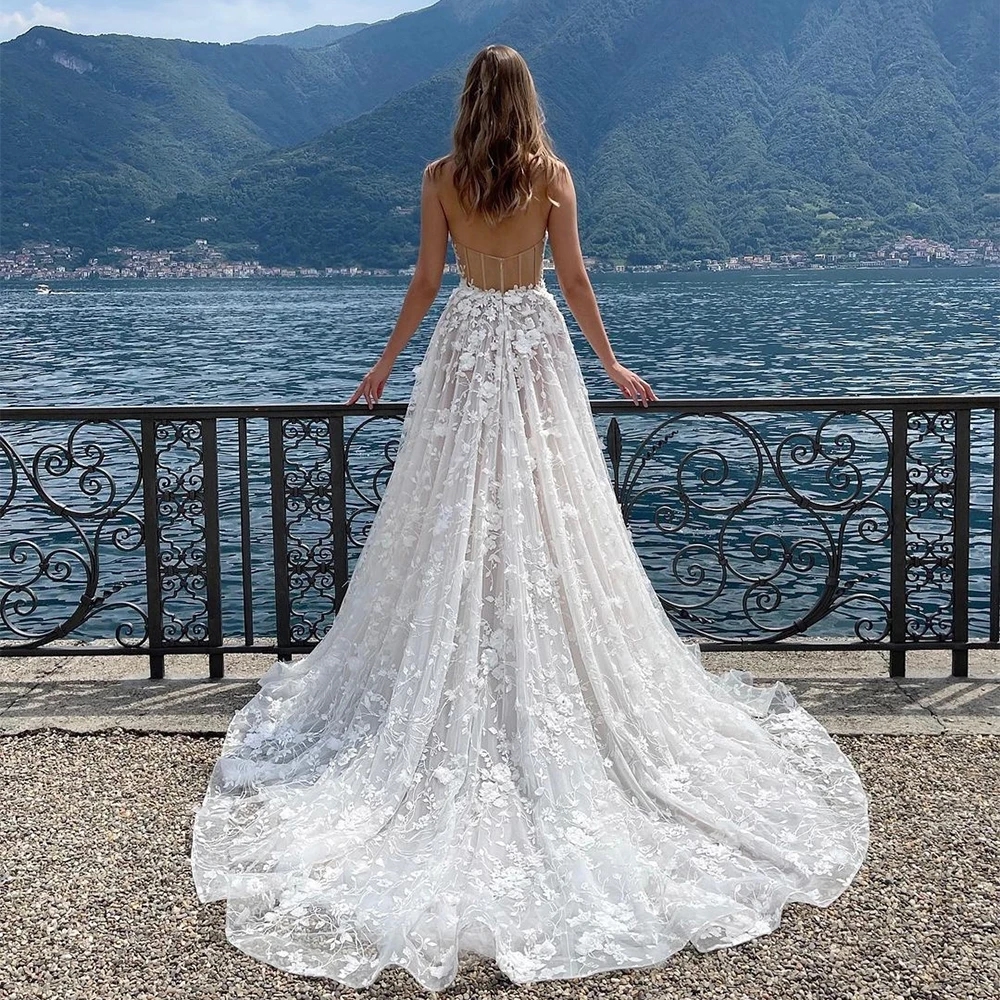 2024 New Boho Wedding Dress Sweetheart Appliques Lace 3D Flowers Side Split A-Line Bridal Bride Party Gowns Vestido De Novia Mariage