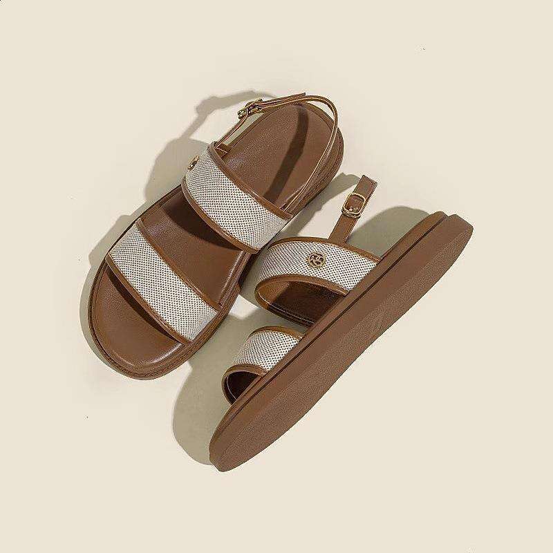 Low Sandals Woman Leather Low-heeled Rome Fabric Slides Rubber Hoof Heels Low Sandals Woman Leather Low-heeled Fabric Rubber