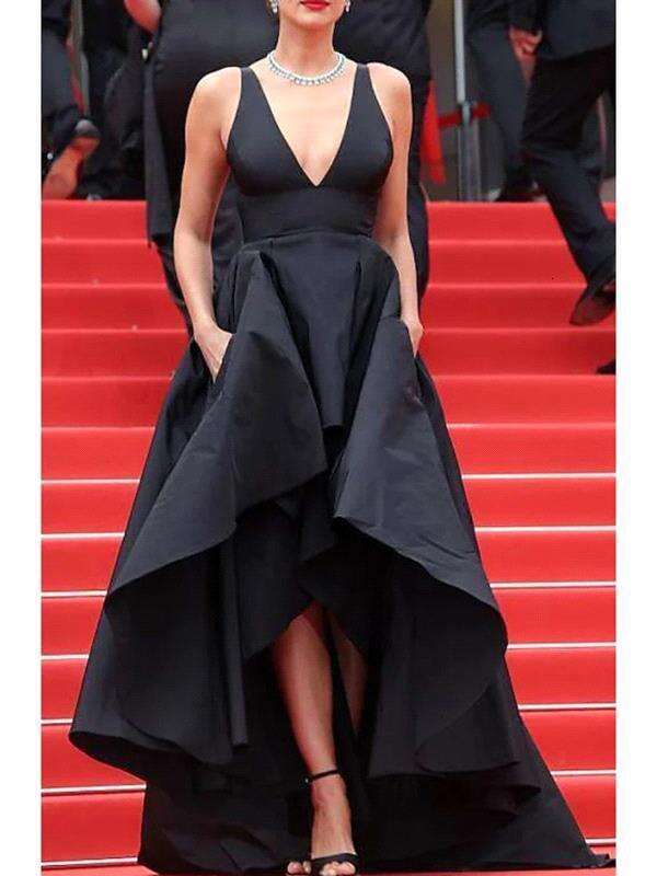 Black High Low Prom Dress Asymmetrical Sleeveless V Neck Satin Evening Party Gown Vestidos Gala Celebrity Style Robe De Soiree 0218
