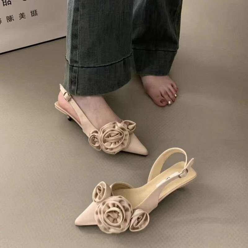 Women Sandal Fashion Flower Ladies Elegant Dress Slingback Shoes Thin Low Heel Dress Mules Pumps