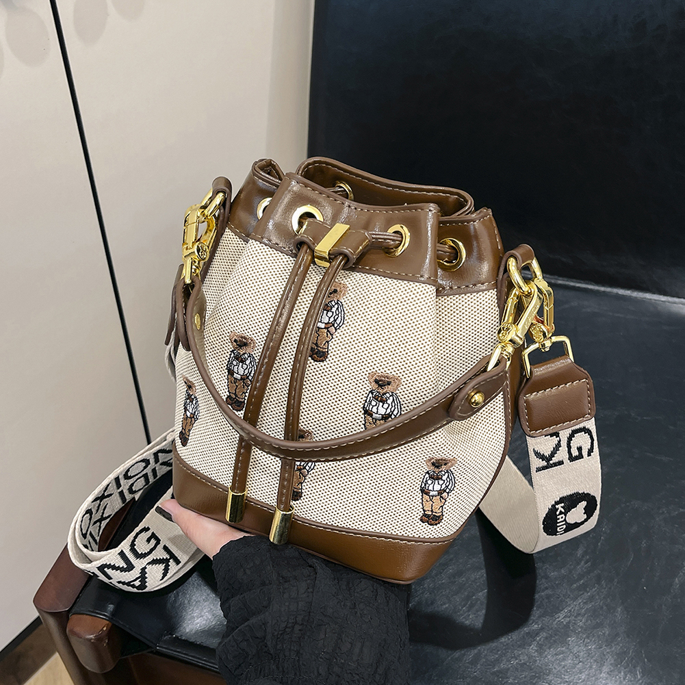 Bucket Bag for Women Drawstring Top Handle Handbag Embroidered Removable Strap Tote Handbag Commuter Travel Bag