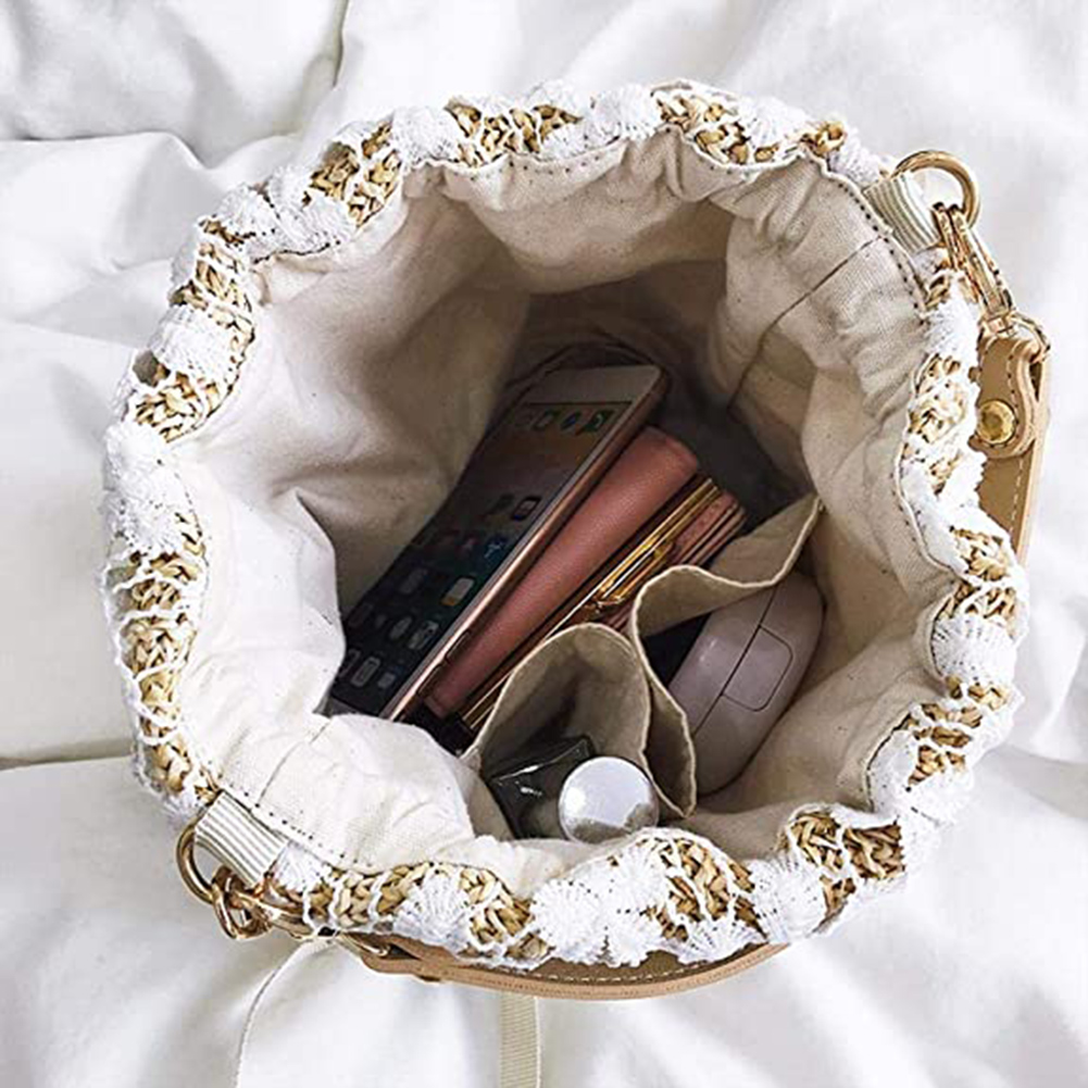 Women Lace Woven Bucket Shoulder Bag Straw Messenger Bags Summer Lady Beach Bag