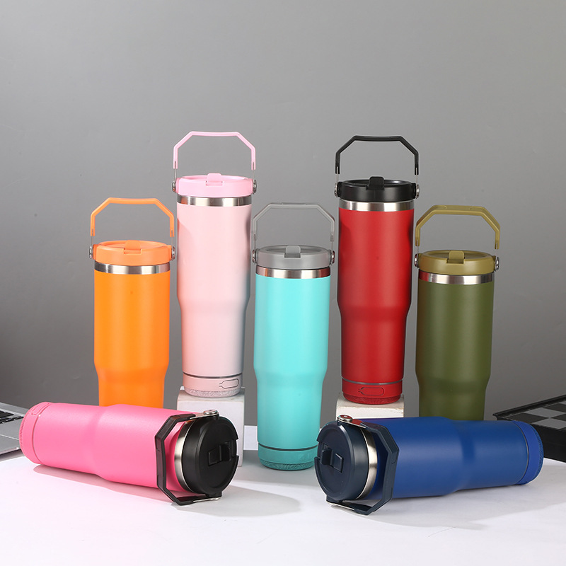 Portable colored Powder Coated 30oz Speaker Flip Straw Travel Mug Durable BPA Free Stainless Steel Sports Cup with Carry Handle