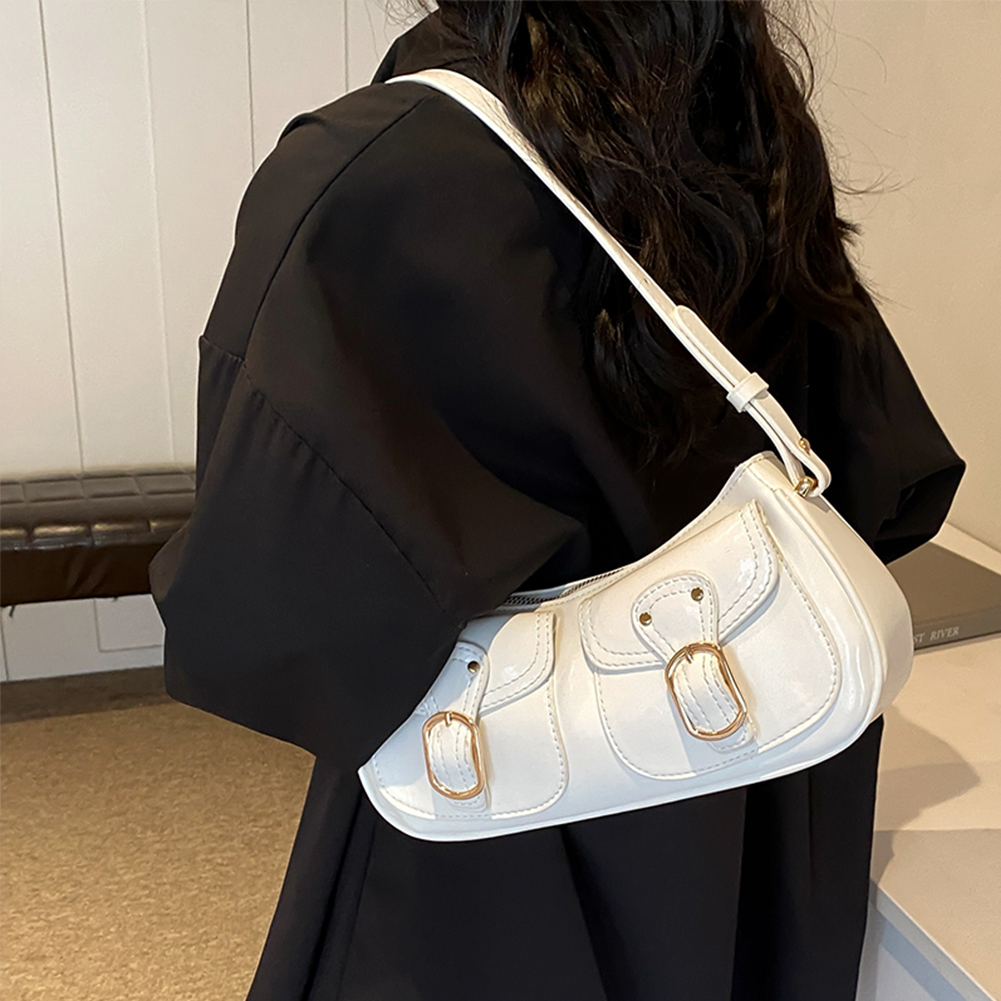 Women Double Pockets Shoulder Bag Adjustable Strap Fashion Crossbody Bag Solid Color Casual Satchel Bag Female Commute Bag