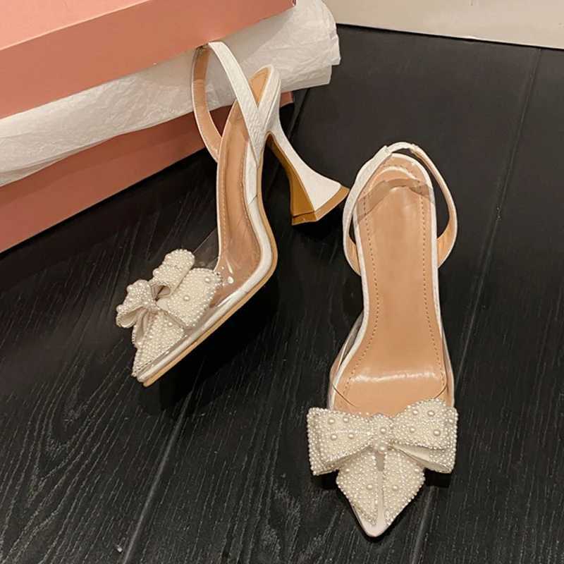 Liyke Fi Design White Pearl Bow Warm Pump Sexy Point Toe High H Wedding Pr Shoes PVC Transparent Sandals Fem Y250319