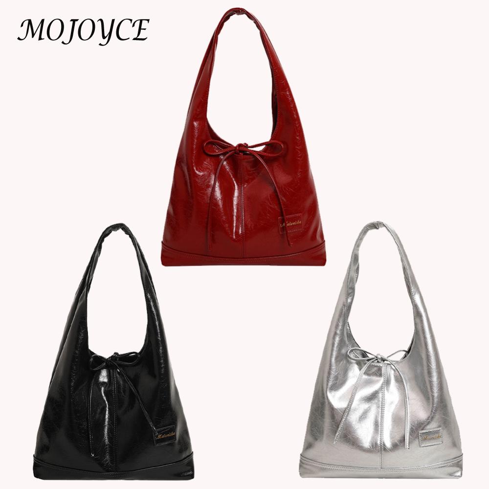 Women PU Bow Shoulder Bag Fashion Shoulder Bag Large Capacity Top Handle Handbag with Small Pouch Retro Tote Bag Trendy Hobo Bag