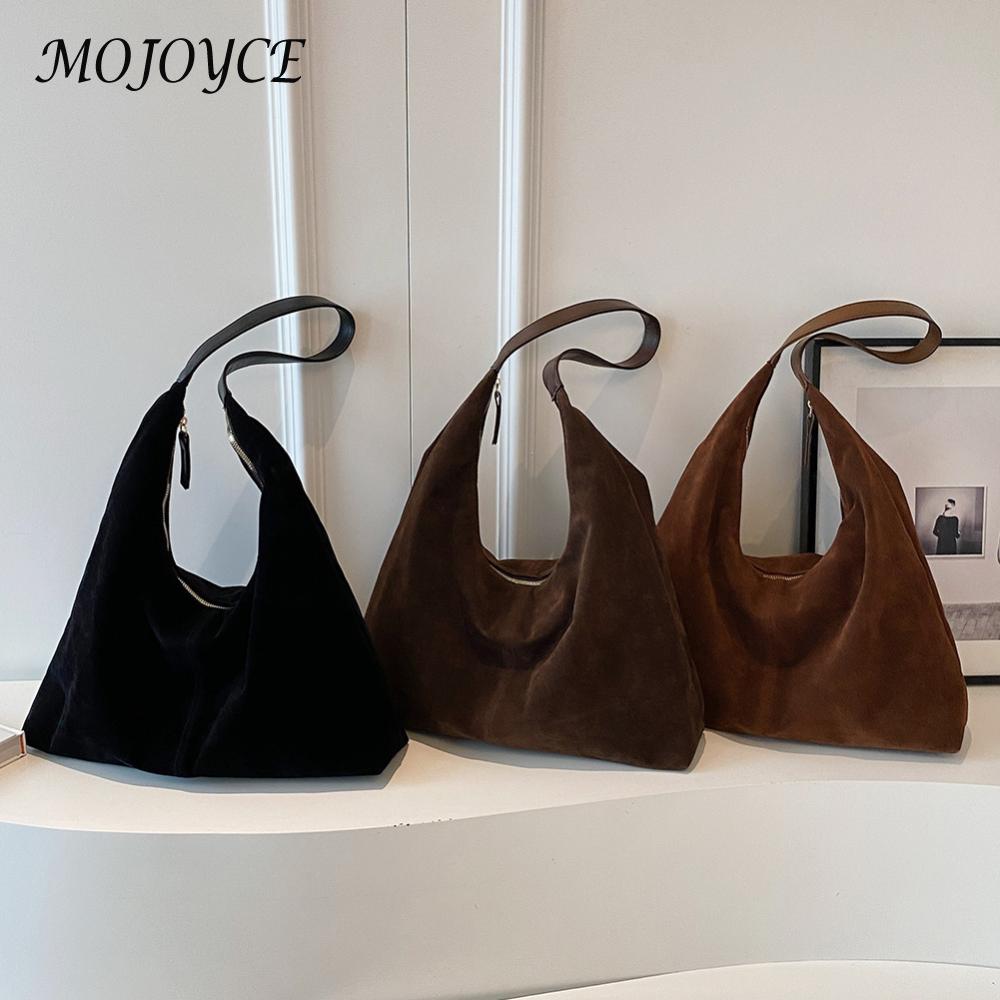 Women Suede Shoulder Bag with Zipper Hobo Bag Large Capacity Handbag Solid Slouchy Bag Commuter Travel Bag