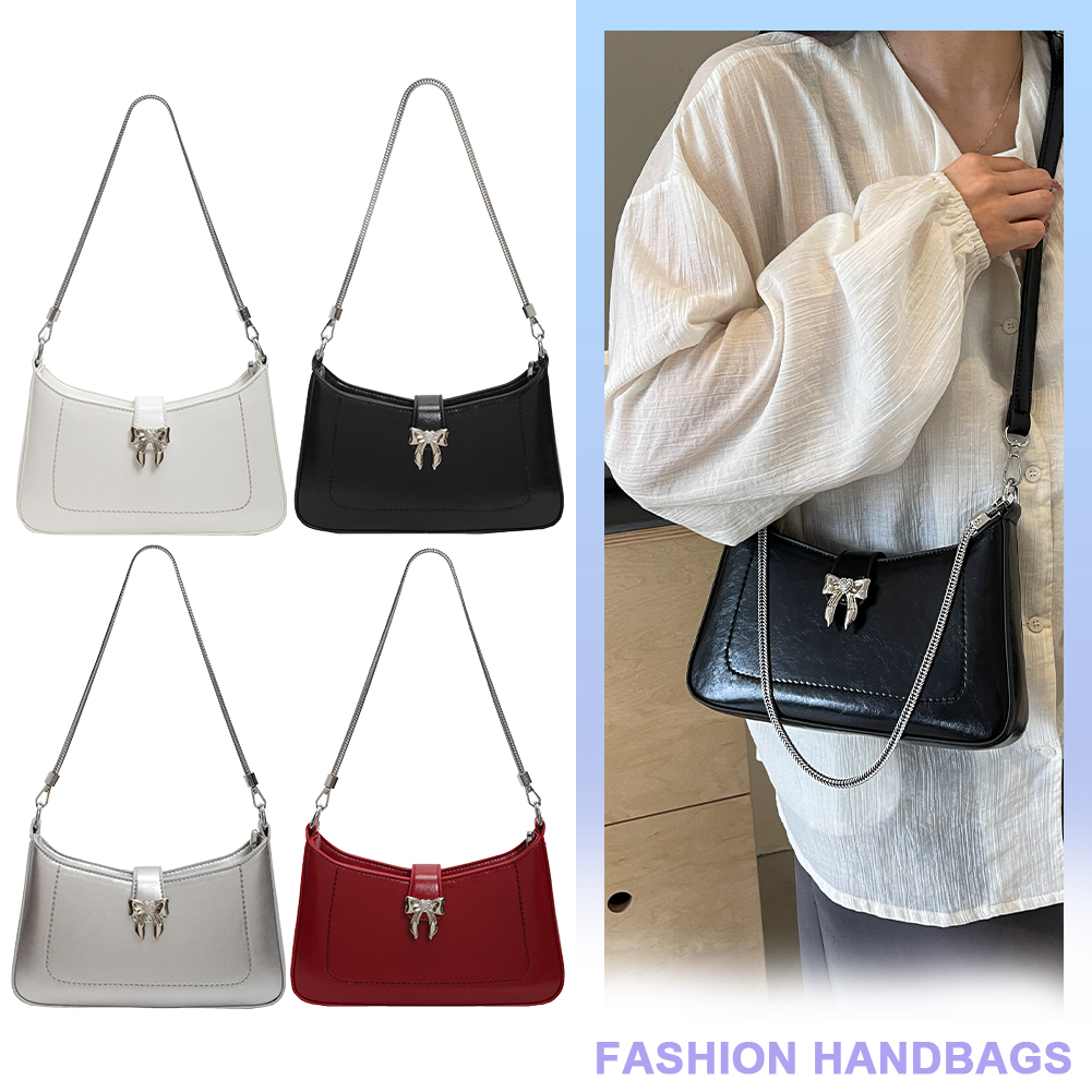 Fashion Bowknot Shoulder Bag PU Leather Crossbody Bag Zipper Closure Purse with Chain for Women Work Shopping Travel