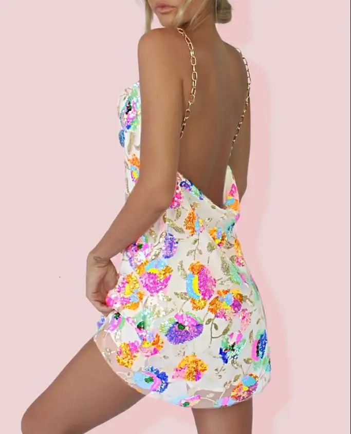 High Quality Ladies Inlaid Sequins Halter Backless Dress Sleeveless Chain Sling Dress Pink White Black Orange 240408
