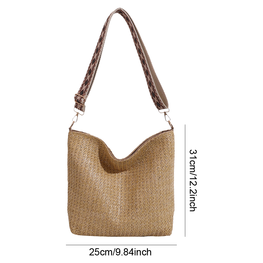 Straw Woven Shoulder Bag Adjustable Strap Women Crossbody Bag Zipper Solid Underarm Bag for Travel Vacation