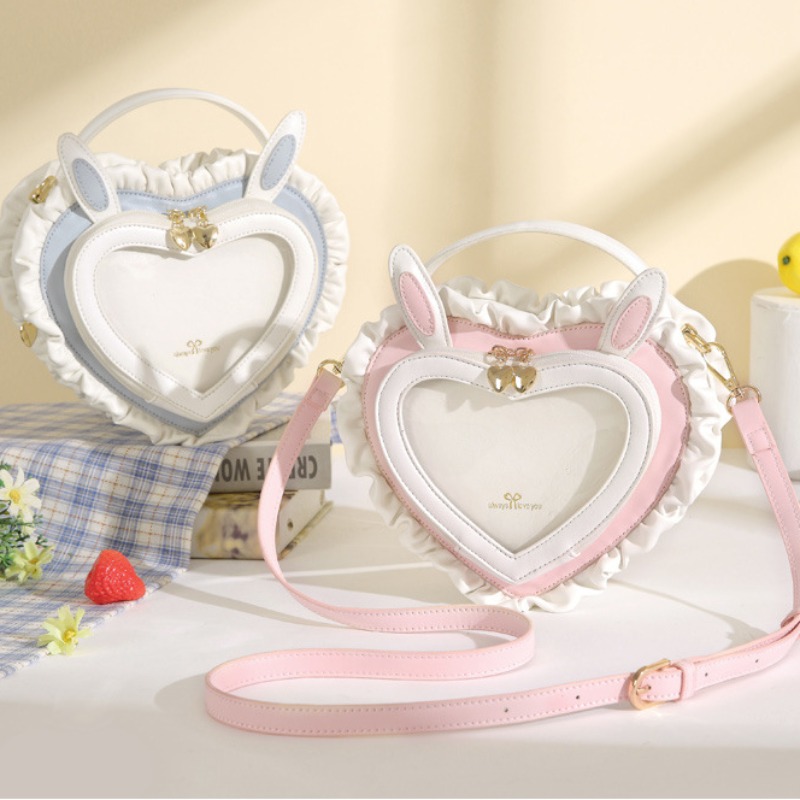 Lolita Ita Bolsos Mujer Sweet Cute Lace Hand Bag Rabbit Ear Peach Heart Pain Shoulder Bags Transparent Sac Femme New Bolso