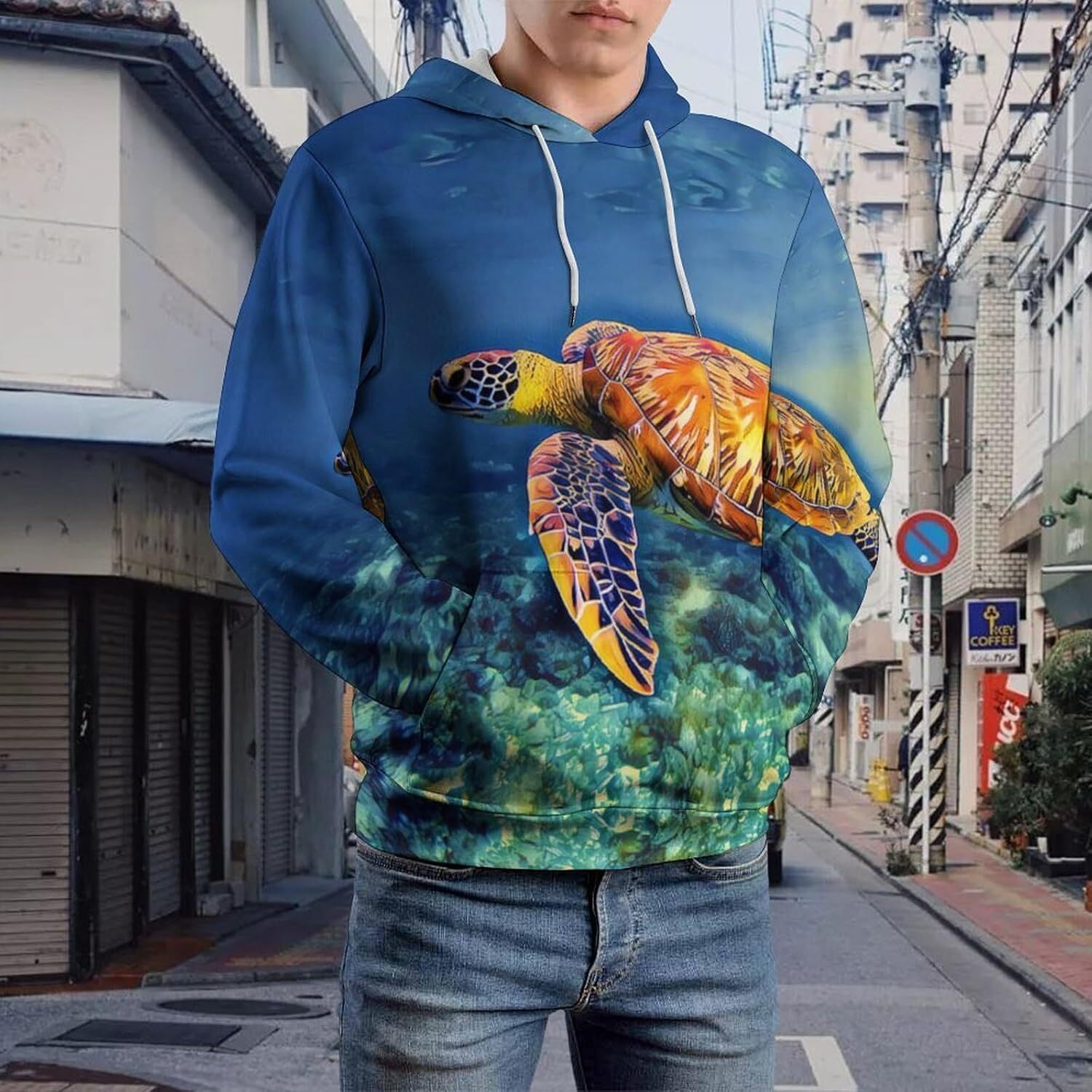 Hoodie for Mens Womens Sea Turtle in Blue Sea Water Hoodies for Men 3D Print Pullover Hooded Drawstring Loose Sweatshirt with Big Pockets Graphic