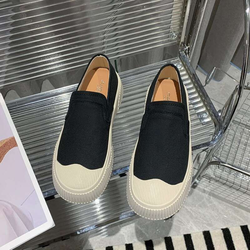 Thick Soled Canvas Loafer Shoes for Women's Design Sense Board Shoes Biscuit Shoes Color Matching Slip on Flats Casual Loafers