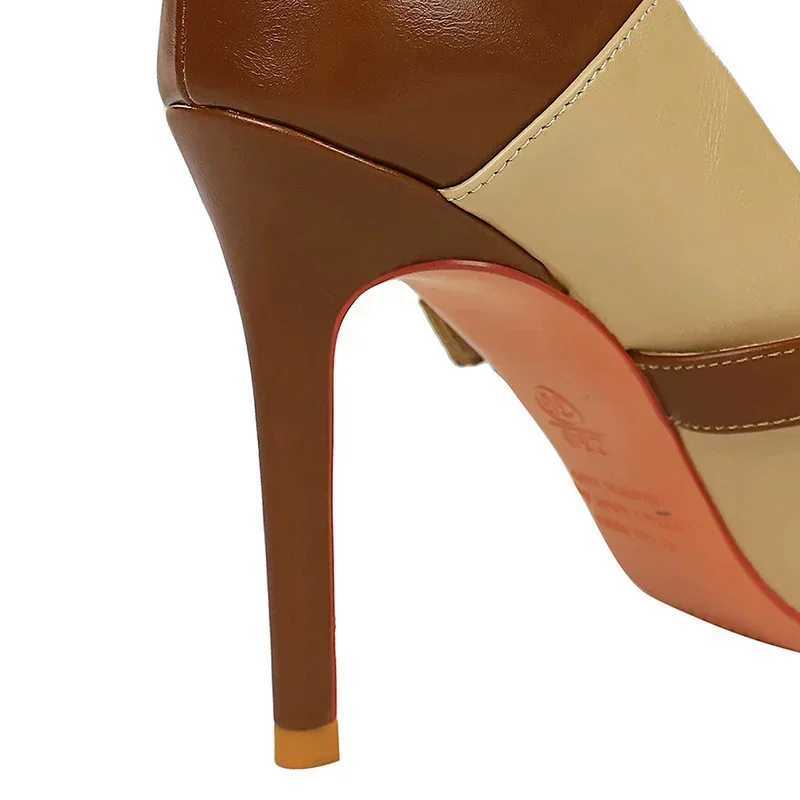 Womens 10cm High H Mixed Pahwork Dark Brown Pumps Lady New Leather Strappy Buckle Thin H Pointed Toe Shoes Y250319
