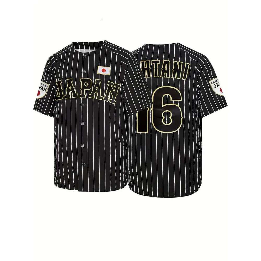 2025 New Men's Stripe Print # JAPAN 16 Embroidered Retro Casual Breathable Loose Short Sleeve Button Baseball Jersey Training We