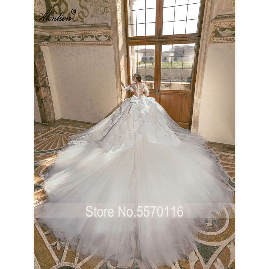 Alonlivn Bg Pearls Lace Tulle V-Neck Ball Wedding Dresses Tiered Cathedral Train Full Sleeves Princess Bride Gown