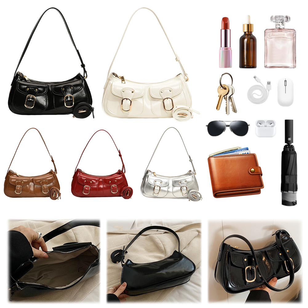 Women Double Pockets Shoulder Bag Adjustable Strap Fashion Crossbody Bag Solid Color Casual Satchel Bag Female Commute Bag