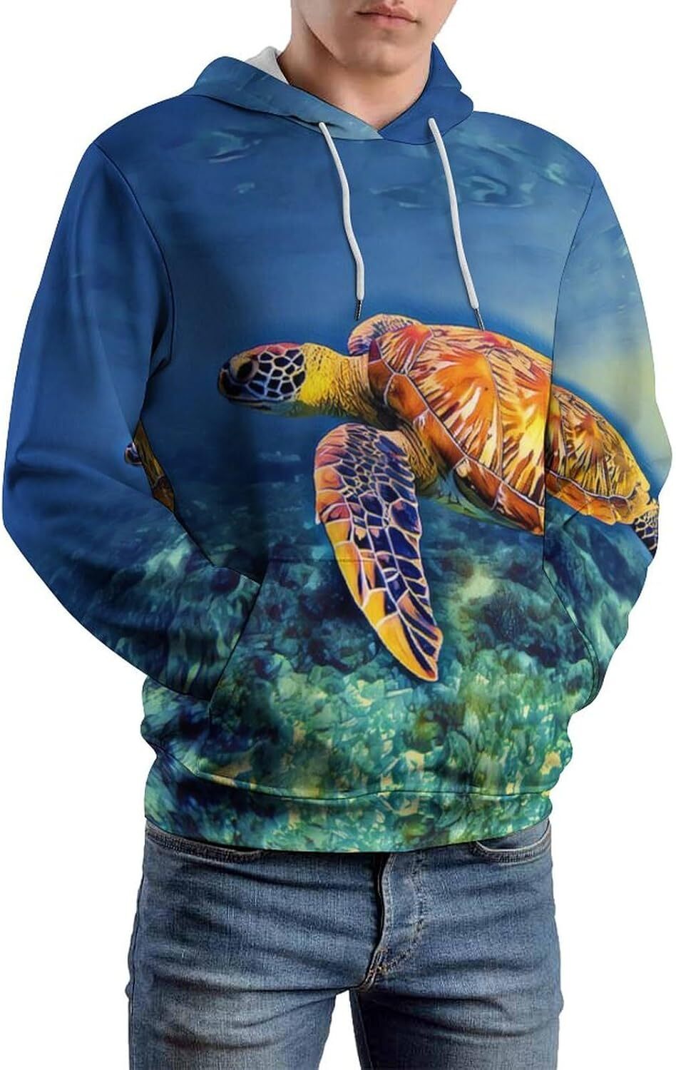 Hoodie for Mens Womens Sea Turtle in Blue Sea Water Hoodies for Men 3D Print Pullover Hooded Drawstring Loose Sweatshirt with Big Pockets Graphic
