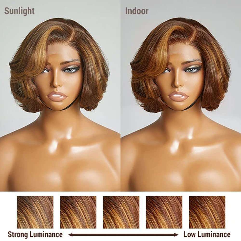 4/27 Highlight 4X4 Body Glueless Closure 100%Human Hair Frontal Wigs Ombre Brown Mix Blonde Water Wave C Part Short Bob Wig