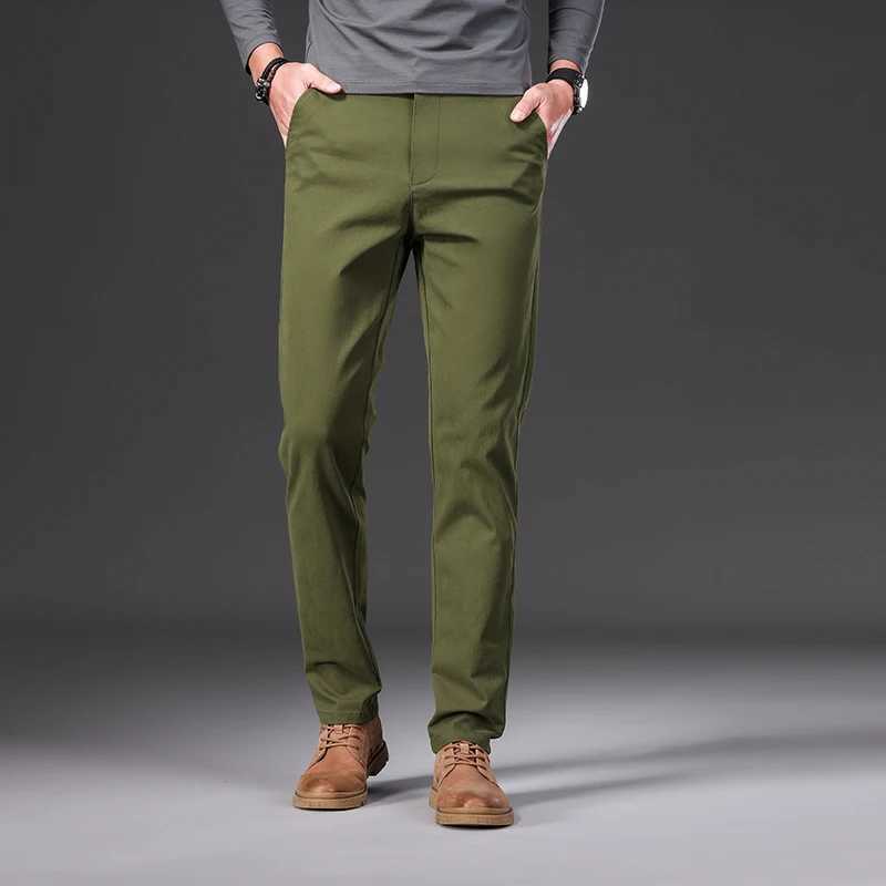97% Cotton Elastic Casual Pants for Men Autumn Slim Straight Solid Color Business Trousers Classic Black Blue Army Green Khaki LX241107