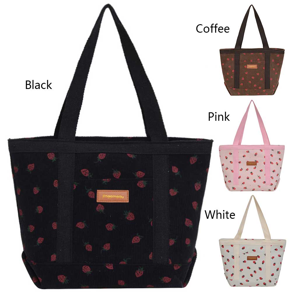 Women Strawberry Printed Shoulder Bag Large Capacity Corduroy Cartoon Pattern Grocery Bag Zipper Closure Girls Outdoor Bag