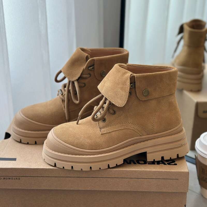 2025 Autumn Ankle Boots For Big Kids Girls,Solid Khaki Apricot Fashion Motorcycle Boots For Woman,Child Turned-over Edge Boots