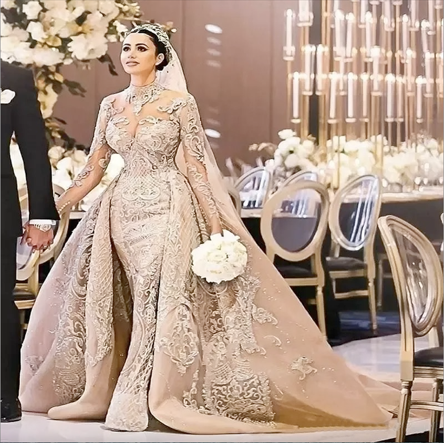 Arabic Dubai Gorgeous High Neck Long Sleeve Wedding Dress 2024 Mermaid Lace Appliques Detachable Train Bridal Gowns vestido de noiva