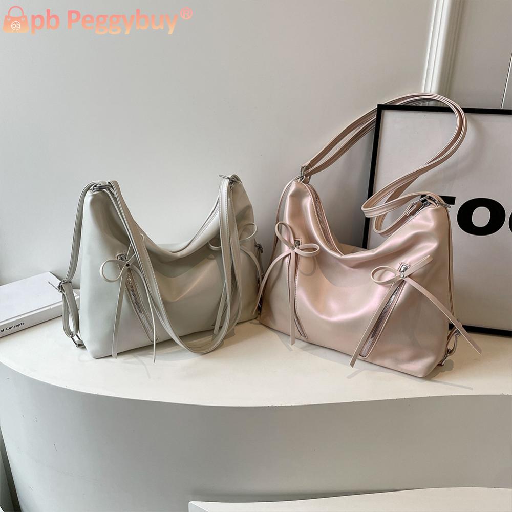 Cute Bow Shoulder Bag PU Leather Trendy Crossbody Bag Solid Color Backpack with Zipper Satchel Purse for Women