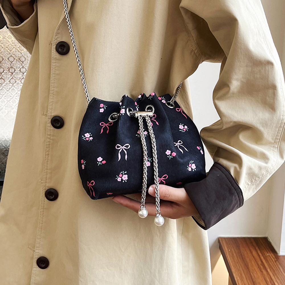 Women Corduroy Bucket Bag Bow Print Shoulder Bag with Chain Crossbody Bag Clutch Purse for Work Travel