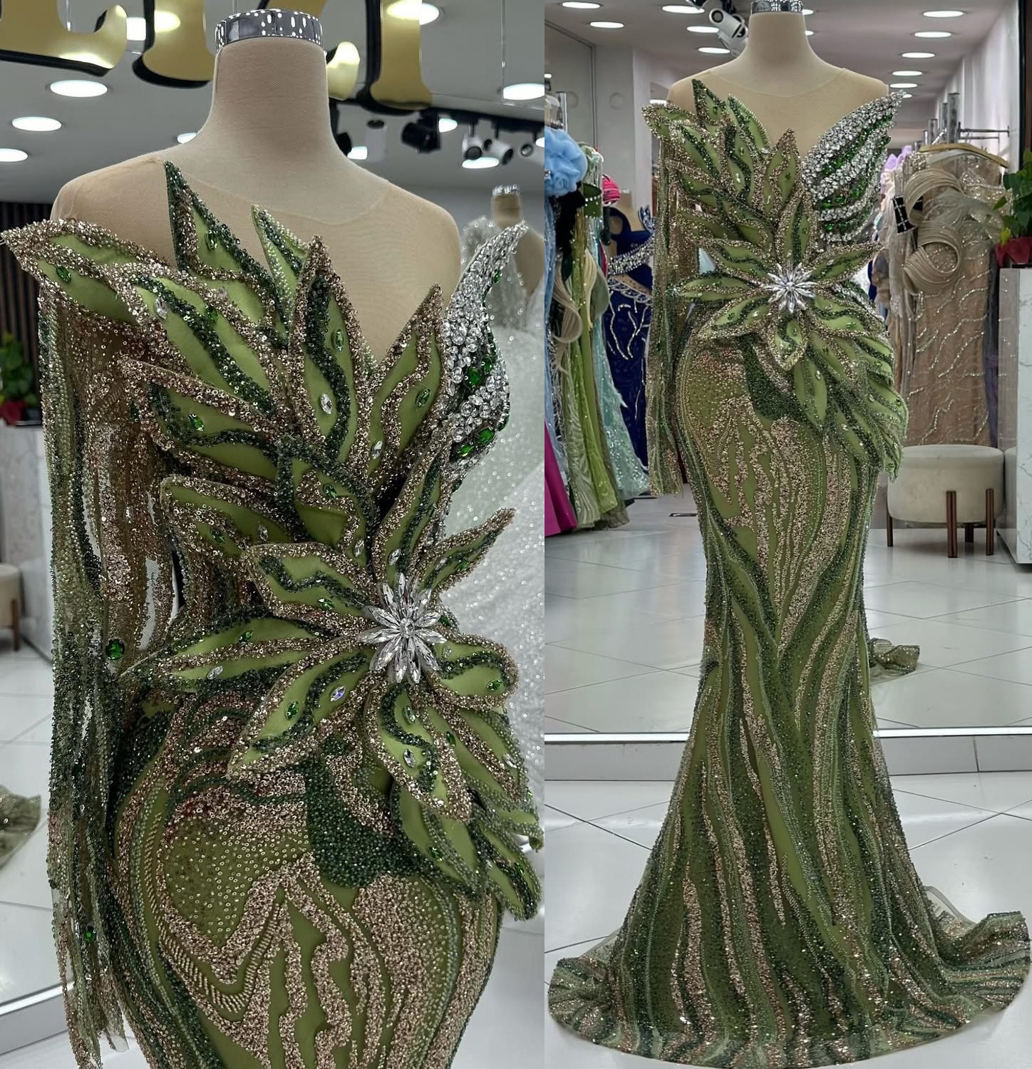 2024 Plus Size Olive Green Prom Dresses For Special Occasions Florals Rhinestones Sequined Evening Party Birthday Gowns Dress For Women Vestidos de no
