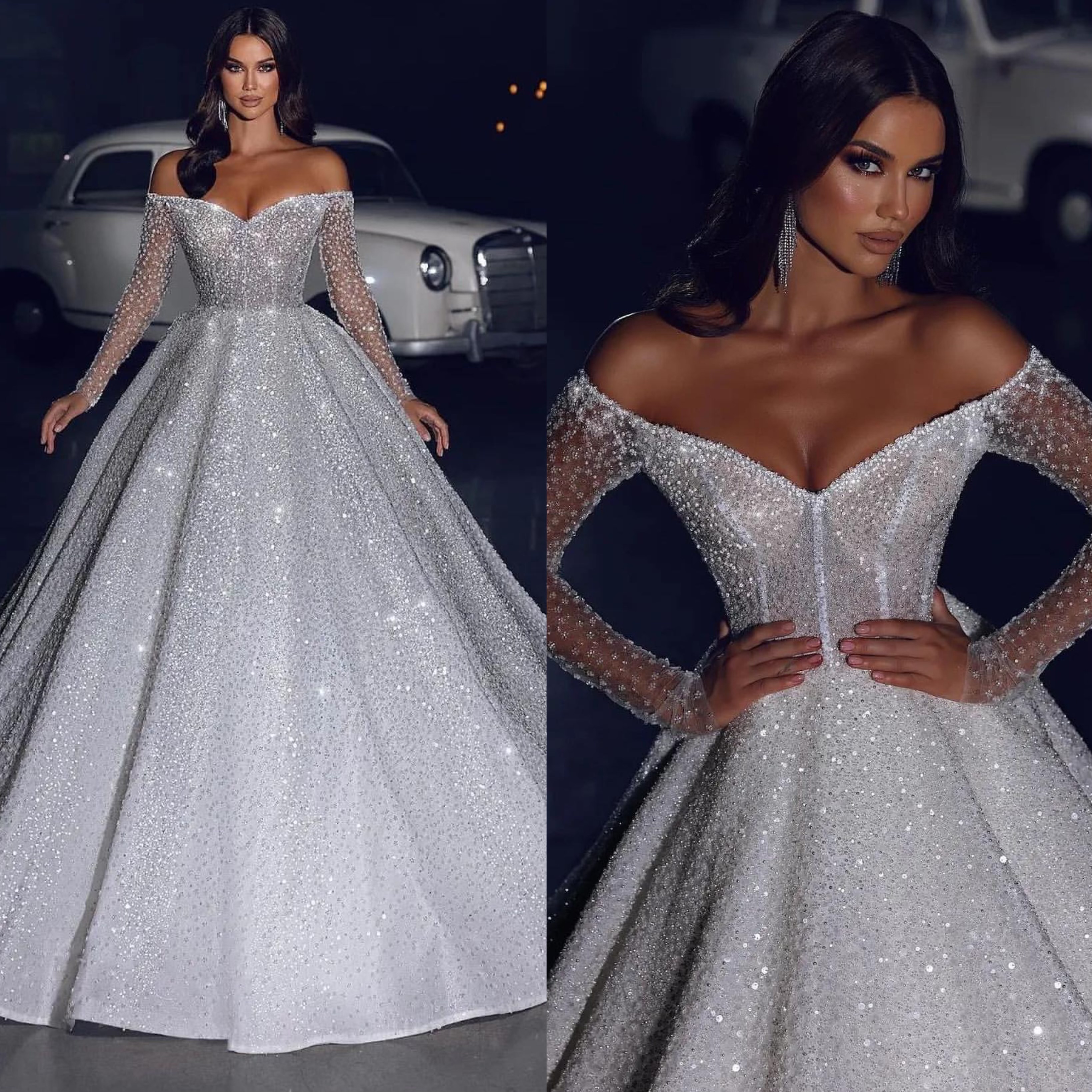 Vintage Crystal Ball Gown Wedding Dress for Bride Off Shoulder Wedding Dresses Long Sleeves Ruffle Designer Bridal Gowns