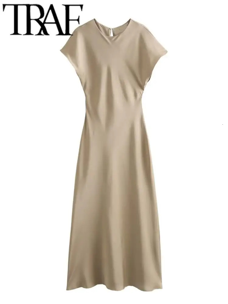 TRAF GAL Summer Women Elegant Satin Long Dress Keyhole Back A-Line Sleeveless Mujer Slim Midi Dress Party Robe Y2K Thin 240319