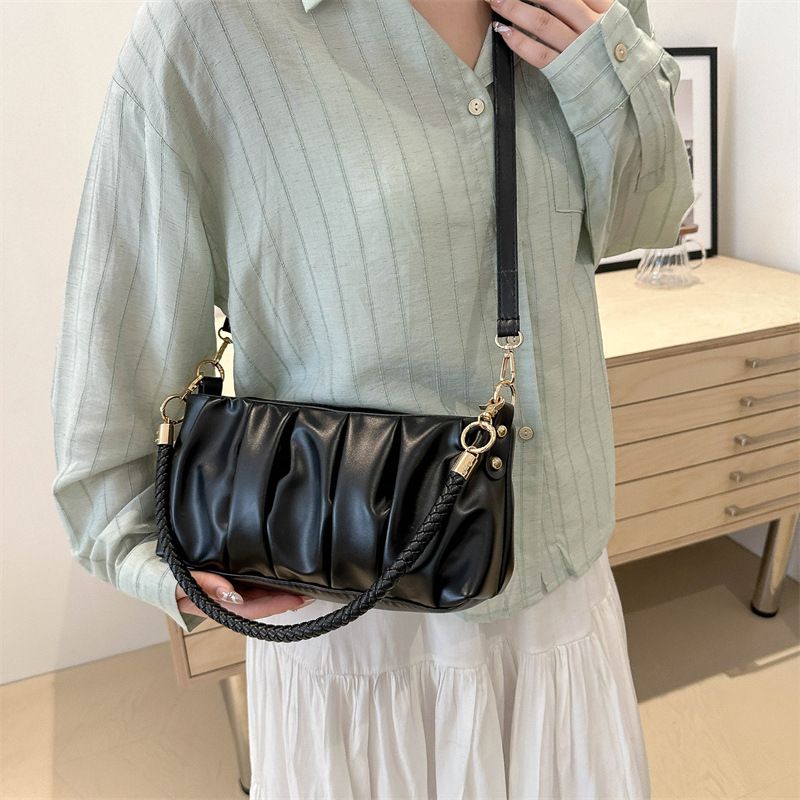 2024 New Fashion Handbag Pure Color PU Pleated Bag Female Casual Simple Commuting Large Capacity Shoulder Crossbody Bag