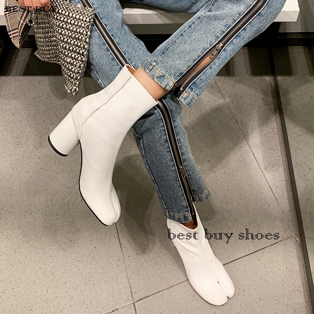 2024 Brand Design Tabi Split Toe Chunky High Heel Boots Leather Atos Mujer Fashion Autumn Women Men Shoes Botas