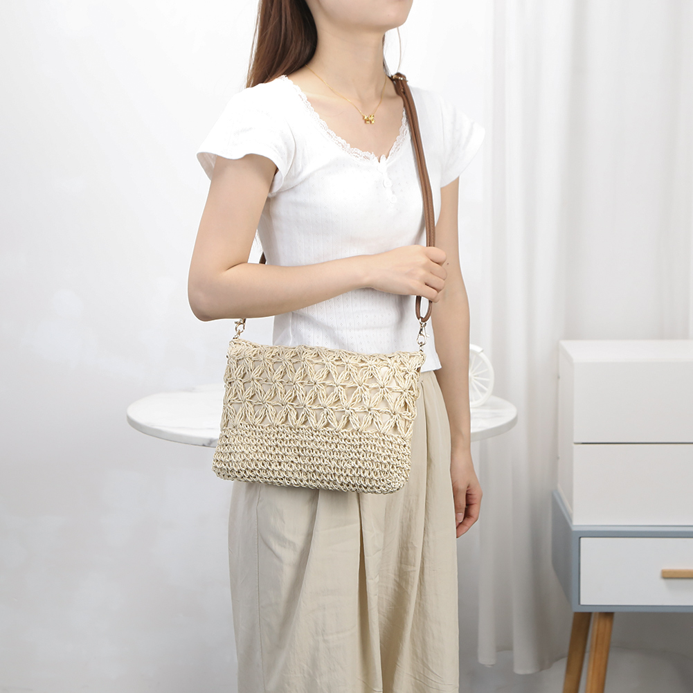 Straw Woven Summer Shoulder Bag Detachable Shoulder Strap Women Clutch Purse Zipper Handbag for Beach Travel Vacation